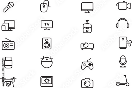 Assortment of electronic device icons simple line art on isolated background electronic isolated background
