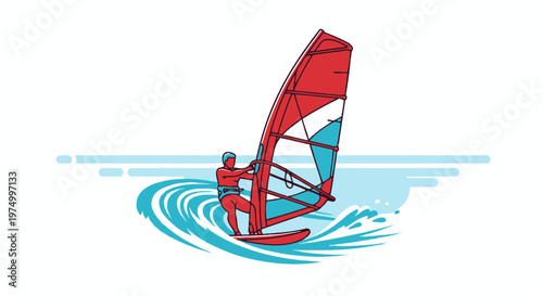 Dynamic Windsurfing Action On Wavy Waters Featuring A Bold Red Sail