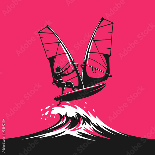 Dynamic Windsurfing Silhouette Action on Vibrant Pink Background