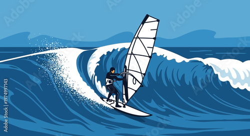 Dynamic Windsurfing Action Riding A Barrel Wave Energetic Sport