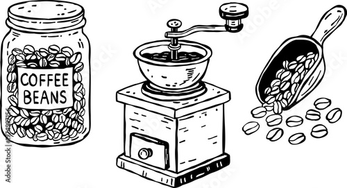 Hand-drawn doodle set of coffee accessories including a coffee bean scoop filled with roasted beans, vintage manual coffee grinder and glass jar with whole coffee beans.