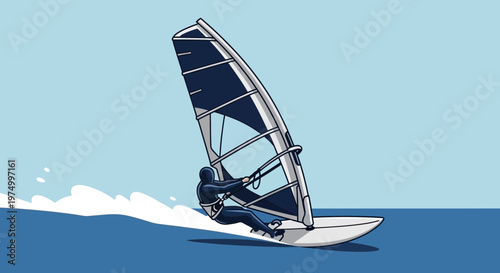 Dynamic Windsurfer Riding Waves On A Clear Day
