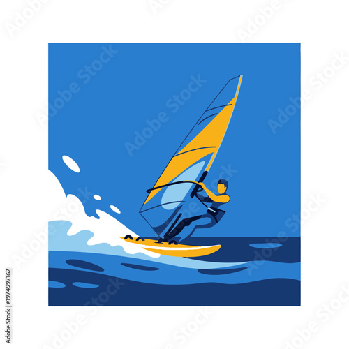 Dynamic Windsurfer Riding Waves On A Sunny Day