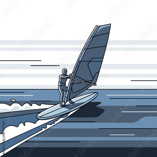Dynamic Windsurfer Riding Waves On A Sunny Day Illustration