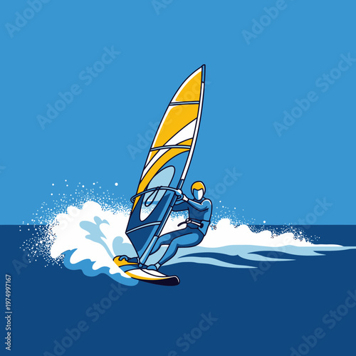 Dynamic Windsurfing Action Scene On A Vibrant Blue Ocean Surface