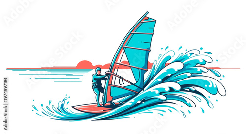 Dynamic Windsurfer Riding Waves On Sunny Day