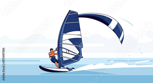 Dynamic Windsurfer Riding Waves On Bright Sunny Day