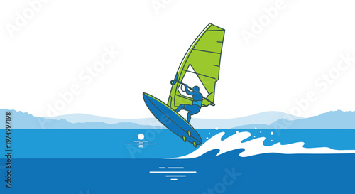 Dynamic Windsurfing Action Scene With Abstract Landscape Background