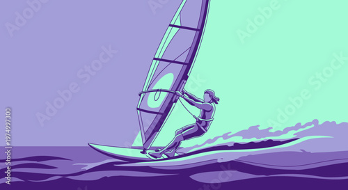 Dynamic Windsurfer Riding Waves With Minimalist Art Style And Cool Tones
