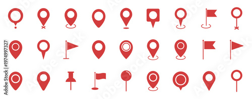 Location pin symbol icons, map navigation markers and gps locator elements, outline and solid flat vector collection for web and app isolated on transparent background