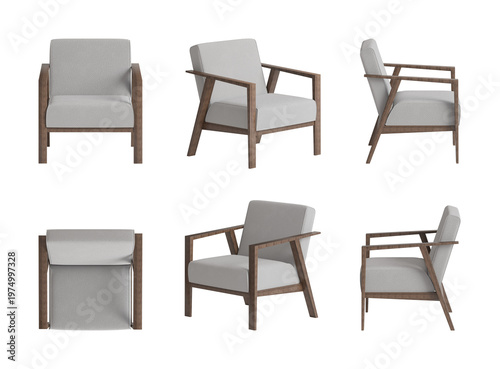 Modern Scandinavian wooden armchair isolated on white, upholstered lounge chair set, multiple views. 3d render
