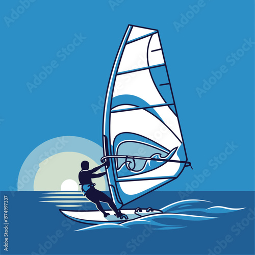 Dynamic Windsurfing Action Silhouette Against Sunrise Sky