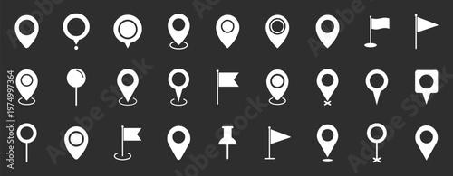 Location pin symbol icons, map navigation markers and gps locator elements, outline and solid flat vector collection for web and app