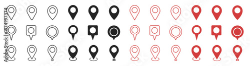 Location pin symbol icons, map navigation markers and gps locator elements, outline and solid flat vector collection for web and app isolated on transparent background
