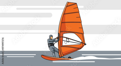 Dynamic Windsurfer Riding Waves with Orange Sail