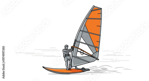 Dynamic Windsurfer Riding Waves With Orange Sail In A Clean Line Art Style