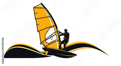 Dynamic Windsurfer Riding Waves With Yellow Sail