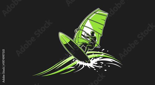Dynamic Windsurfing Action Silhouette On Black Background Vibrant Green Sport Graphic