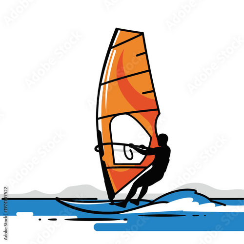 Dynamic Windsurfing Action Silhouette On Water Dynamic Movement Extreme Sport Illustration