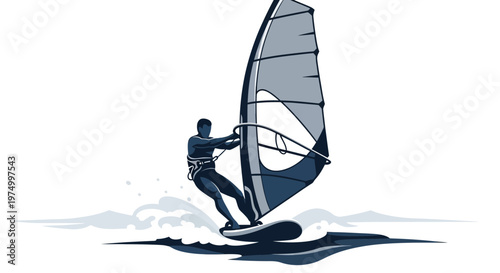 Dynamic Windsurfing Action Silhouette On Water With Waves
