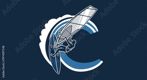 Dynamic Windsurfing Silhouette Emblem With Aquatic Wave Design
