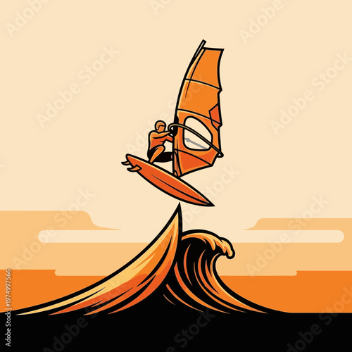 Dynamic Windsurfing Action Silhouette Riding A Stylized Wave