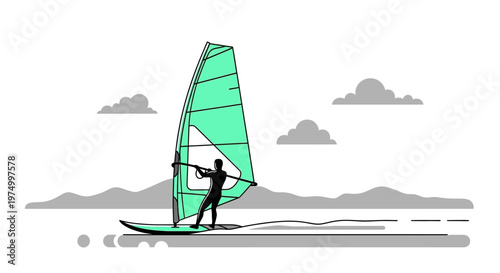 Dynamic Windsurfing Silhouette On Aquamarine Waters Under Cloudy Sky