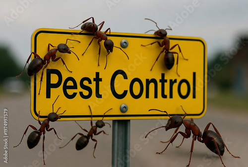 A yellow sign reads “Pest Control” with numerous ants crawling on it and surrounding the sign.