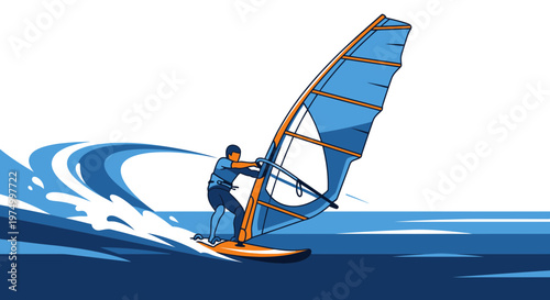 Dynamic Windsurfing Action Vector Art With A Rider Gliding On A Wave