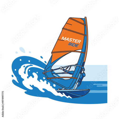 Dynamic Windsurfing Action Vector Illustration With Vibrant Orange Sail