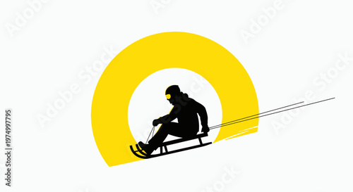 Dynamic Winter Sledding Action With Bold Yellow Sun Graphic