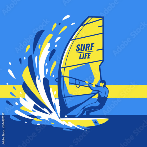 Dynamic Windsurfing Action Vibrant Water Sports Illustration Bold Graphic Style