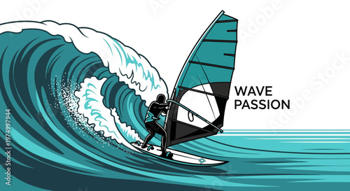 Dynamic Windsurfing Adventure On A Crashing Ocean Wave