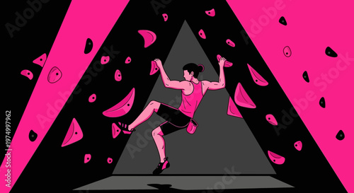 Dynamic Woman Ascending Vivid Pink Climbing Wall Bold Graphic Style