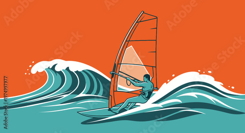 Dynamic Windsurfing Adventure on Stylized Ocean Waves