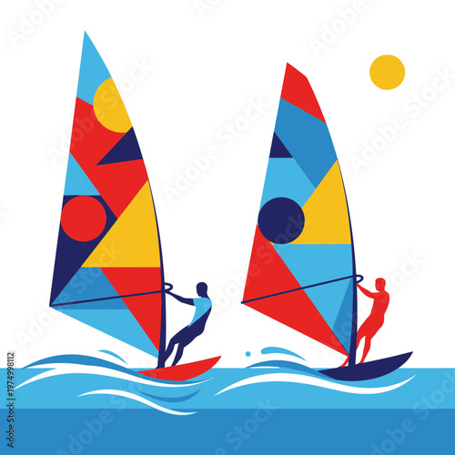 Dynamic Windsurfing Competition With Colorful Sails Gracefully Gliding On Blue Water