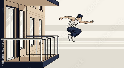 Dynamic Young Man Leaping From Apartment Balcony in Thrilling Parkour Jump