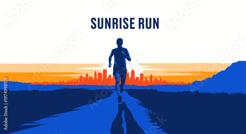 Early Morning City Runner Silhouette Against Vibrant Sunrise Horizon