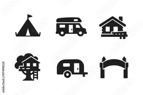 Camping accommodation icons solid black icon set vector illustration