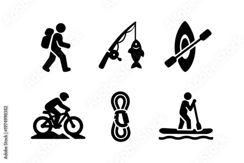 Outdoor adventure icons solid black icon set vector illustration