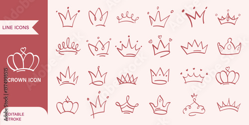 Set of hand drawn royal crowns in yellow and pink colors. Cute doodle collection for princess, queen, king, and success symbols. Hand drawn cute doodle crowns set.