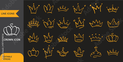 Set of hand drawn royal crowns in yellow and pink colors. Cute doodle collection for princess, queen, king, and success symbols. Hand drawn cute doodle crowns set.