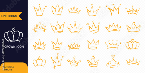Set of hand drawn royal crowns in yellow and pink colors. Cute doodle collection for princess, queen, king, and success symbols. Hand drawn cute doodle crowns set.