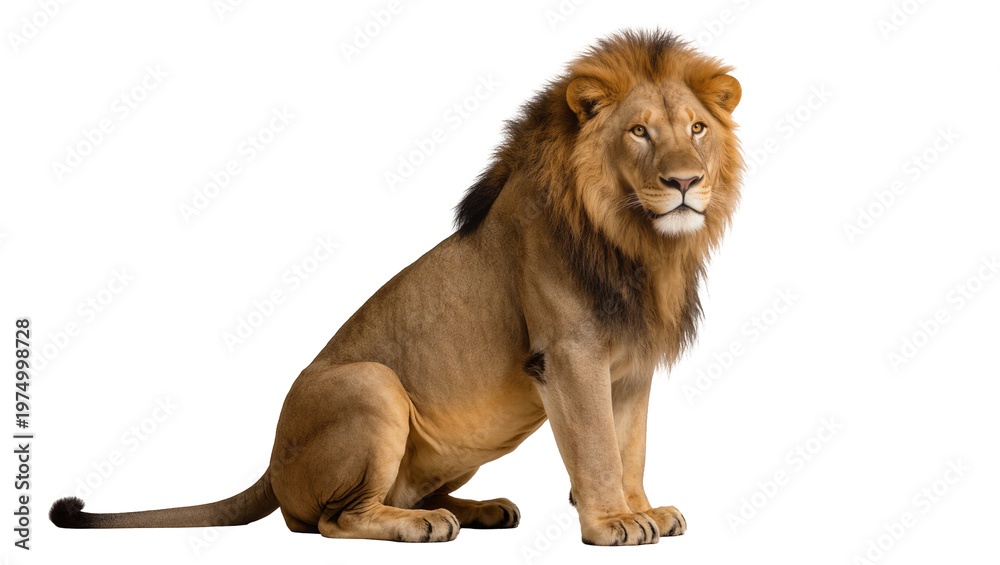 Obraz premium Isolated majestic male lion sitting gracefully, looking at camera with striking yellow eyes