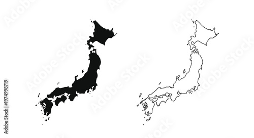 A depiction of japan s map presented in both filled black and white outline versions