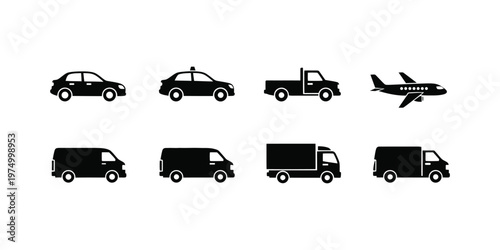 Vehicle icons set cars taxi tow truck airplane delivery transport collection