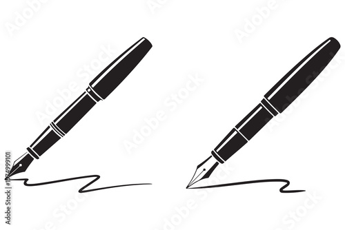 Two black fountain pens writing wavy lines on white background
