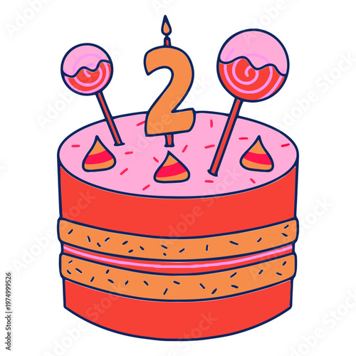 Birthday cake with two candles and lollipops