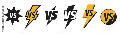 Versus icons with lightning bolt, dynamic VS symbol pack, game battle competition match sports duel esports vector design elements set