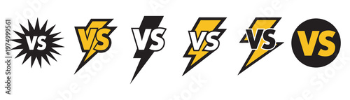 Versus icons with lightning bolt, dynamic VS symbol pack, game battle competition match sports duel esports vector design elements set